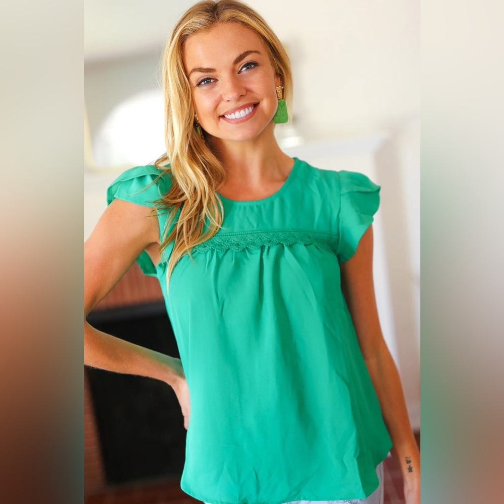 All For You Green Scallop Lace Yoke Tulip Sleeve Top